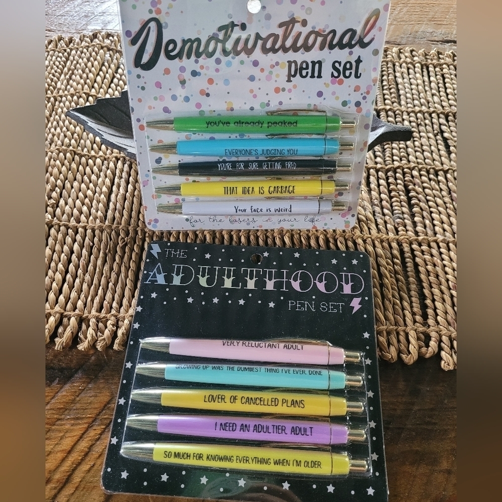 Demotivational Adulthood pen sets. 10 pens total. All black ball point.